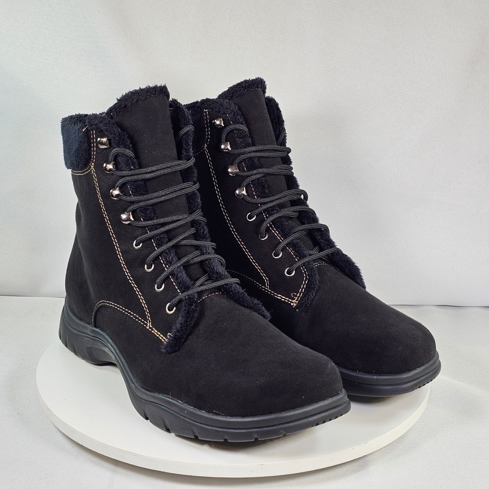 Me Too Link-Q‎ Black Suede Faux Fur Trim Lace Up Ankle Boots Womens 9.5W